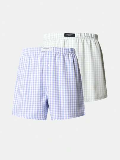 SUMWON Luxury Woven Boxer Shorts Pack Of Two Gingham Check Pattern Classic Loose Fit Underwear Breathable Comfort Sleep Lounge Wear