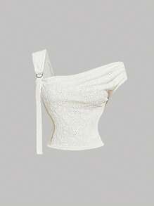 SHEIN MOD 女士杏色不对称肩部花朵刺绣时尚衬衫，音乐节，西部风女装，可爱夏季上衣 - 杏色 - 查看 1