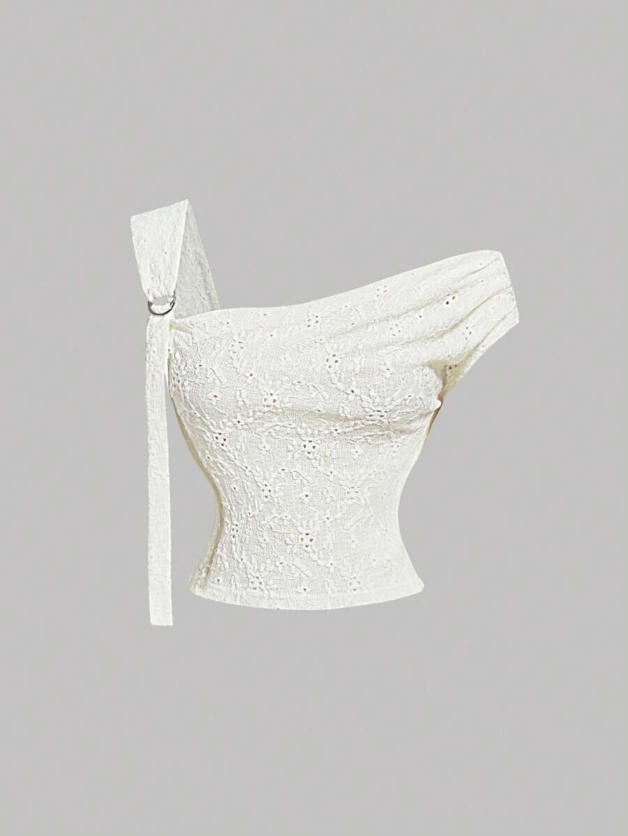 SHEIN MOD 女士杏色不对称肩部花朵刺绣时尚衬衫，音乐节，西部风女装，可爱夏季上衣 - 杏色 - 查看 1