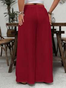 SHEIN VCAY Plus Size White Textured Loose Casual Wide Leg Pants With Pockets, Vacation/Resort Wear, Valentine's Day - Burgundy - View 2