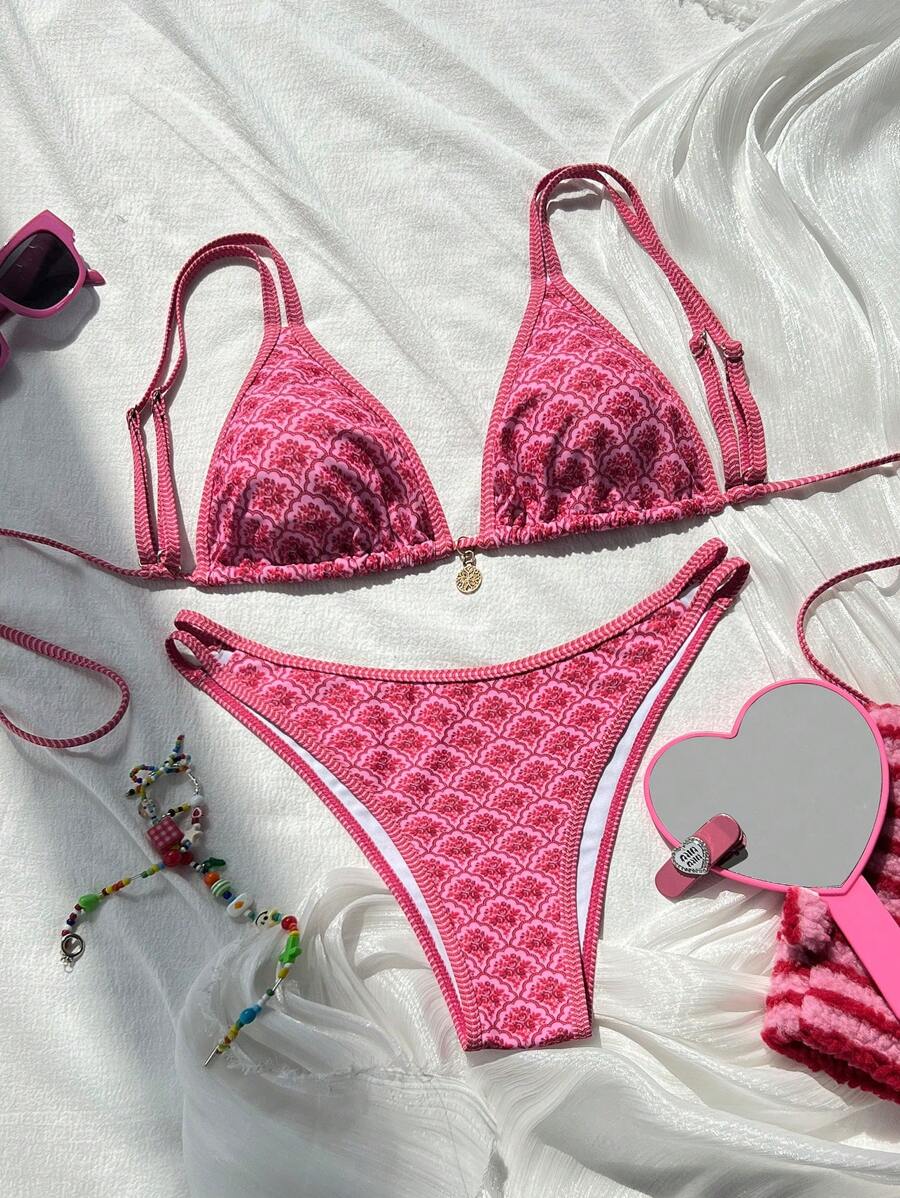 Swim Vcay Nuevo conjunto de bikini de 2 piezas con Top halter con espalda descubierta y con giro, y tanga de corte alto con estampado floral pequeño, para traje de baño de dama en playa y resort