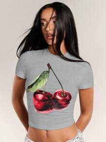 SHEIN BAE Damen T-Shirt mit Chreey Frucht Grafik-Muster, Rundhalsausschnitt und Kurzarm, einfache, lässige Schulkleidung, geeignet als weißes Sommer-Top für Ausflüge - Hellgrau - Übersicht 5