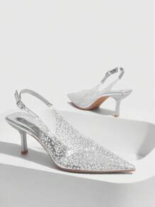 CUCCOO SZL 尖头系带高跟凉鞋，透明银色玻璃水钻装饰，正式晚间新娘婚礼派对鞋