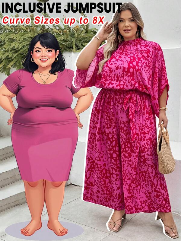 SHEIN CURVE+ Salopetă mare de vară cu imprimeu animale, cu imprimeu leopard, roz de vacanță, pentru femei, cu guler în picioare, salopetă de vacanță, vacanță boho