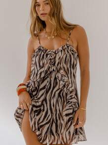 Aralina 夏季冬季荷叶边动物印花性感粉色迷你连衣裙 - 黑與白 - 查看 3