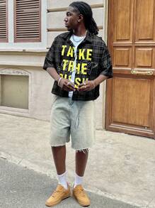 AXEPEAK 男士宽松数码印花格子短袖休闲衬衫，适合街头潮流，秋季 - 黑色 - 查看 2