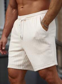 Manfinity RSRT Manfinity Nomadique Men Drawstring Waist Slant Pocket Shorts Baggy Board Linen Cool Plain Khaki Vacation Boho - Apricot - View 5