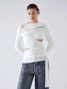 LYSMO Women's Solid Color Asymmetrical Wrap Fitted Long Sleeve T-Shirt