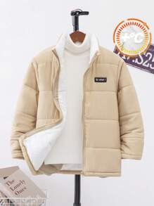 SHEIN Leap Crew Tween 男童休闲保暖衬垫外套，厚绗缝防风立领夹克，冬季 - 黑色 - 查看 1