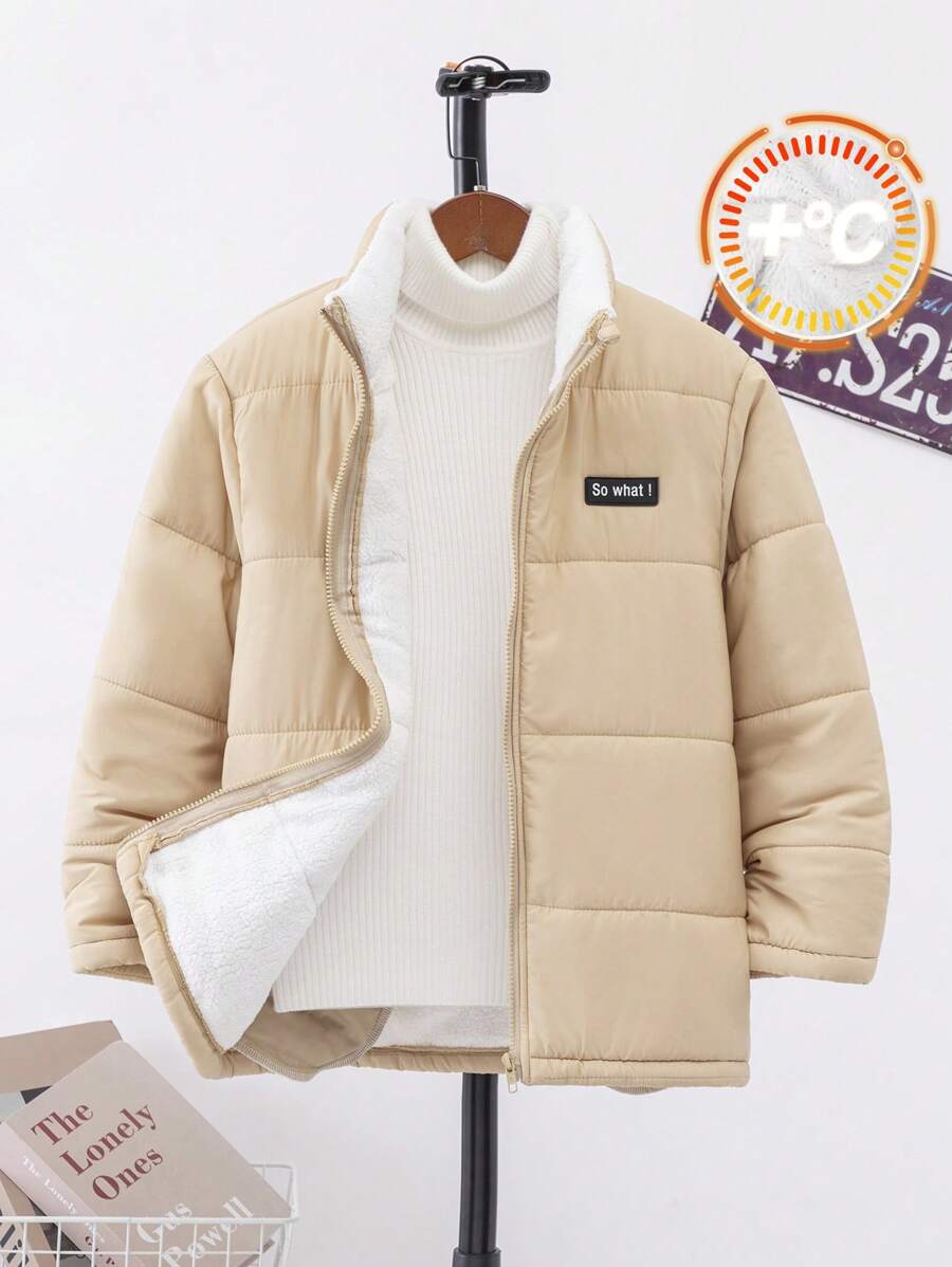 SHEIN Leap Crew Tween 男童休闲保暖衬垫外套，厚绗缝防风立领夹克，冬季 - 黑色 - 查看 1