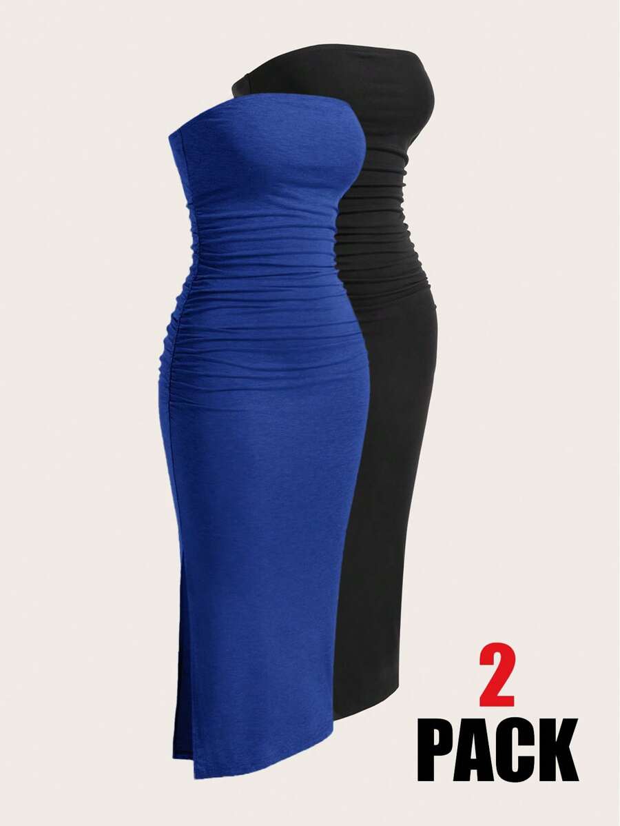 SHEIN EZwear 女士多色露肩针织紧身优雅连衣裙 - 寶藍色 - 查看 1