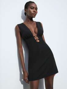 Maija 优雅的2025春夏短裙，女士休闲度假时尚连体衣，带圆环装饰，黑色亚克力，都市时尚，适合音乐节、海滩度假、日常休闲、浪漫都市度假、活动、毕业典礼