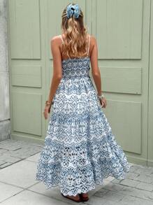 SHEIN Frenchy Vestido largo de mujer con tirantes de espagueti, bordado y encaje en color azul, vestido de mujer para vacaciones de verano y uso diario, vestido de mujer elegante para vacaciones en la playa, vestido largo estampado en azul y blanco, vestido largo estampado en azul celadón, vestido bohemio de mujer para el verano