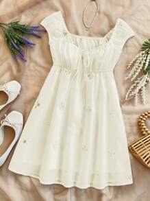 SHEIN Unity V Neck Ruffle Tie Front Hollow Out Floral Embroidered Mini Dress, Vacation Style - Apricot - View 5