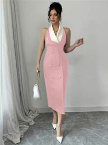 Elenzga Elegant & Refined Color Block Office/Party Dress - Pink - View 4