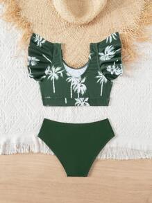 1pc Young Girl Green Bottom Coconut Tree Ruffle Split Bikini Set, Family Matching Outfits Mommy And Me (4 Sets Sold Separately) - Multicolor - View 2