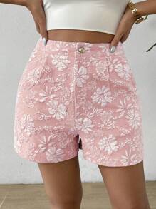 Flirla Quần short dệt kim hoa rộng rãi thời trang cắt ngẫu nhiên cho nữ - Hồng - Xem 6