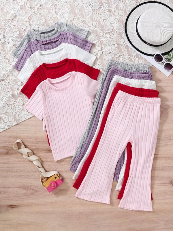 10 Stücke Kleine Mädchen Lässig 2 Stücke Set, geripptes Kurzarm-T-Shirt und einfarbige weite Hose, Sommer