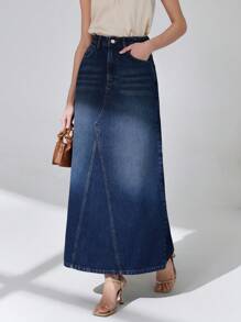 CLARA VERO 100% Cotton Low Waist Washed Strong Denim Skirt - Dark Wash - View 5