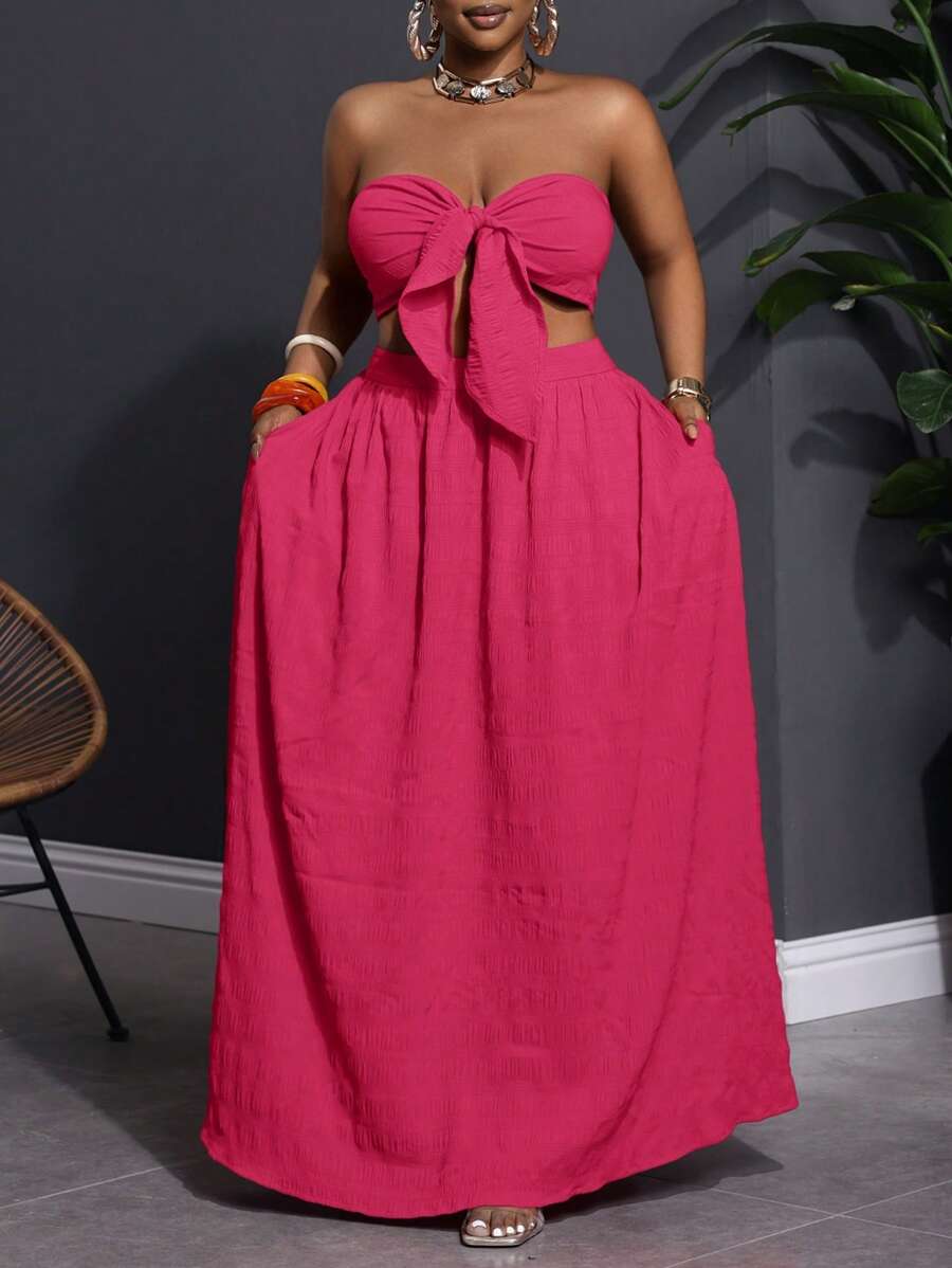 Slaydiva Plus Size Women Textured Bandeau Top And A-Line Midi Skirt 2 Pieces Set For Vacation - Hot Pink - View 1
