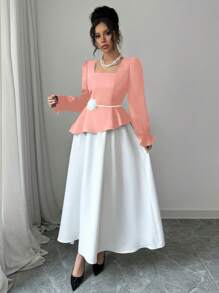 SHEIN Unity Vestido decorado con flores elegante y con bloques de color estilo INS - Rosa - Ver 1