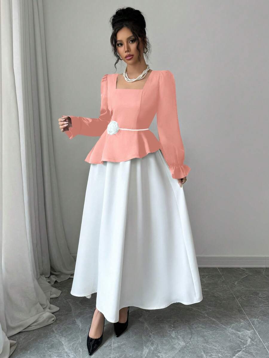 SHEIN Unity Vestido decorado con flores elegante y con bloques de color estilo INS - Rosa - Ver 1