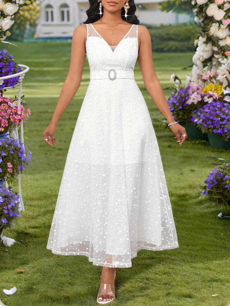 SHEIN Lady Vestido midi de mujer de cuello en V sólido blanco