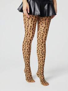 ROMWE Goth 1 双豹纹紧身裤，时尚百搭，适合所有季节 - 咖啡棕 - 查看 5