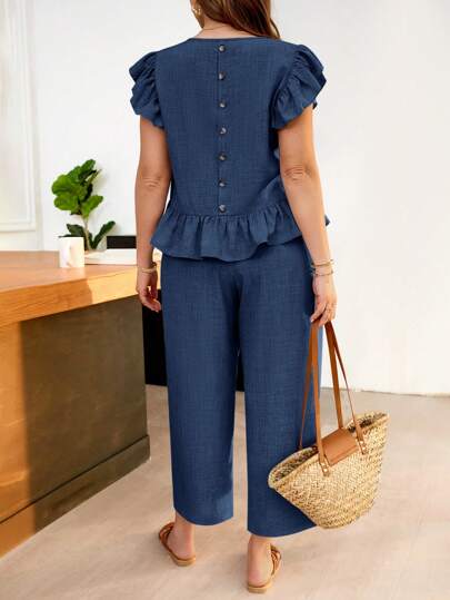 SHEIN Frenchy 2pcs Plus Size Women's Solid Color Back Single-Breasted Cap Sleeve Shirt And Pants Set