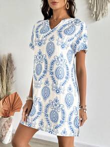 EMERY ROSE 女士 V 领短袖休闲连衣裙，适合夏季 - 彩色 - 查看 5