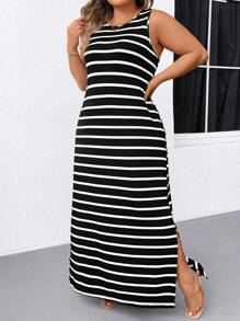 SHEIN LUNE Spring, Summer, Autumn Elegant Commuting Casual Women's Fashion Versatile Bestselling Striped Floral Pattern Fabric Round Neck Sleeveless Split Long Design Black & White Dress, Plus Size - Black and White - View 3