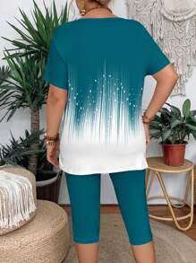 Summer Casual Color Block Short Sleeve T-Shirt And Leggings 2 Pieces Set For Plus Size Women, Slim Fit - Multicolor - View 2