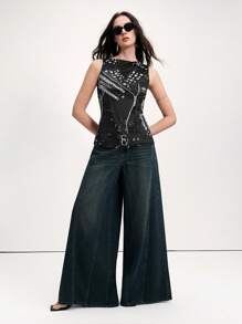 Chiquease 女士黑白 3D 印花无袖休闲上衣，适合通勤，春夏季 - 黑色 - 查看 3