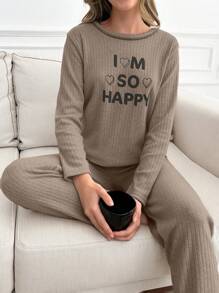 RueChic 2Pcs  Slogan Printed Lounge Set - Beige - View 3