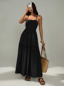 SHEIN PETITE Đầm đen hở lưng đơn giản màu trơn đơn giản cho nữ - màu đen - Xem 3