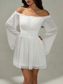SHEIN PETITE 女士度假纯色露肩喇叭袖收腰迷你连衣裙 - 白色 - 查看 5