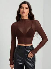 SHEIN Tall Áo cánh lưới xuyên thấu gợi cảm tay dài màu trơn cho nữ - màu nâu - Xem 7