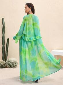 BY FELIZIA 蓝绿色渐变雪纺印花荷叶边垂坠袖和服连衣裙波西米亚风度假连衣裙女式夏季长裙 - 彩色 - 查看 2