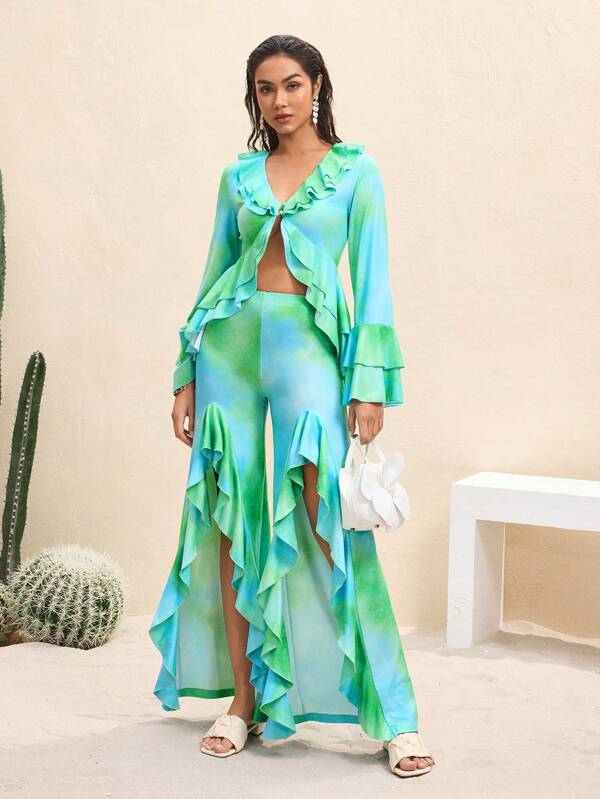 BY FELIZIA Pantalones de pierna ancha con elástico en la cintura, volantes y abertura, con estampado fluido de gradiente azul y verde para el verano