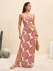 BY FELIZIA 女式复古假日印花镂空环腰高性感开衩长裙夏季海边度假沙滩装性感长裙 - 彩色 - 查看 3