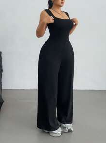 POPSWAY Plus Size Spring/Summer Women's Solid Color Elegant Loose Casual Off The Shoulder Sleeveless Sports Academy Simple Casual Square Neck Wide Leg Jumpsuit