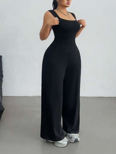 Vibekara Mono informal de mujer de talla grande para primavera/verano, de unicolor, elegante y holgado, con hombros descubiertos, sin mangas, cuello cuadrado y piernas anchas