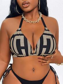 Slaydiva Plus Size Rhinestone Embellished Sexy Party Bikini Top For Summer Beach Vacation - Khaki - View 1