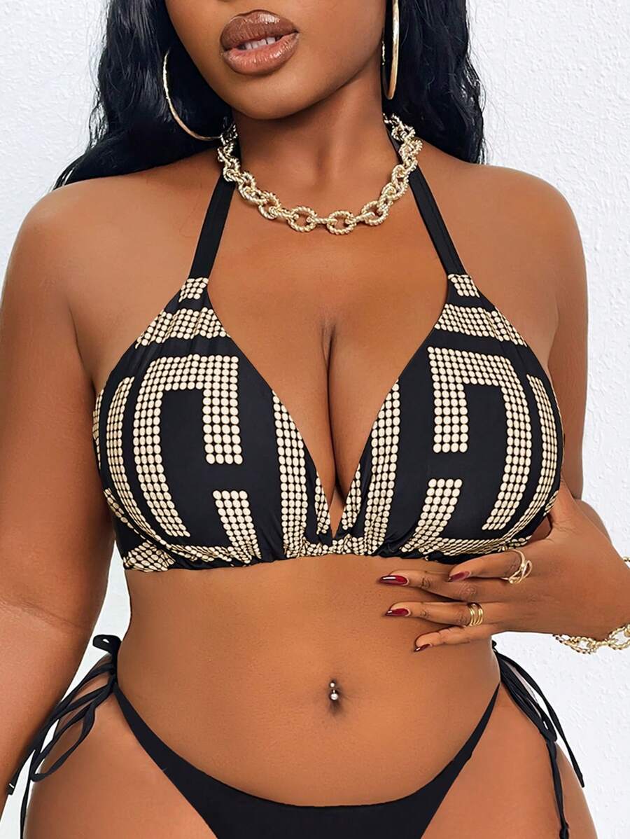 Slaydiva Plus Size Rhinestone Embellished Sexy Party Bikini Top For Summer Beach Vacation - Khaki - View 1