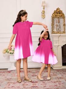 SHEIN 1pc Young Girls Chiffon Round Neck Beaded Puff Sleeve Pleated Print Gradient Hem Formal Dress, Elegant For Party, Summer Sibling Matching Outfits (2 Pieces Sold Separately) - Hot Pink - View 6
