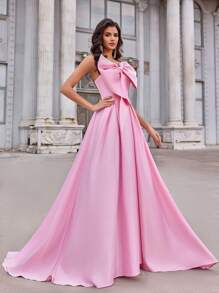 夏季优雅浪漫粉色缎面超大蝴蝶结设计蓬松拖尾连衣裙适合晚餐约会单身派对舞会节日返校季婚礼活动晚礼服（重型工作模型），正式礼服，适合婚礼宾客 - 粉色 - 查看 8