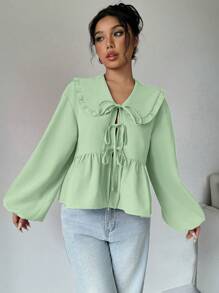 SHEIN Unity 个性领口灯笼袖前结荷叶边衬衫夏季女式衬衫 - 薄荷綠 - 查看 5