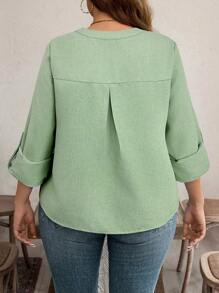 EMERY ROSE Plus Size Vintage Print Small Floral Embroidery Craft Stand Collar Adjustable Cuff Loose Blouse Fall Holiday Mother Day Summer Simple & Fashionable - Mint Green - View 2