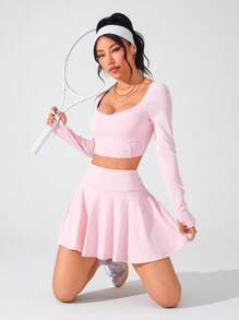 Easithlete 2pcs/Set Slim Fit Split Striped Long Sleeve Top And High-Low Ruffle Hem Skirt Set - Pink - View 3
