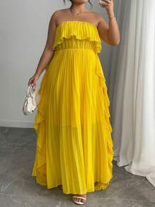Elenzga Plus Size French Romantic Solid Color Pleated Ruffle Cold Shoulder Long Dress, Spring/Summer - Yellow - View 6